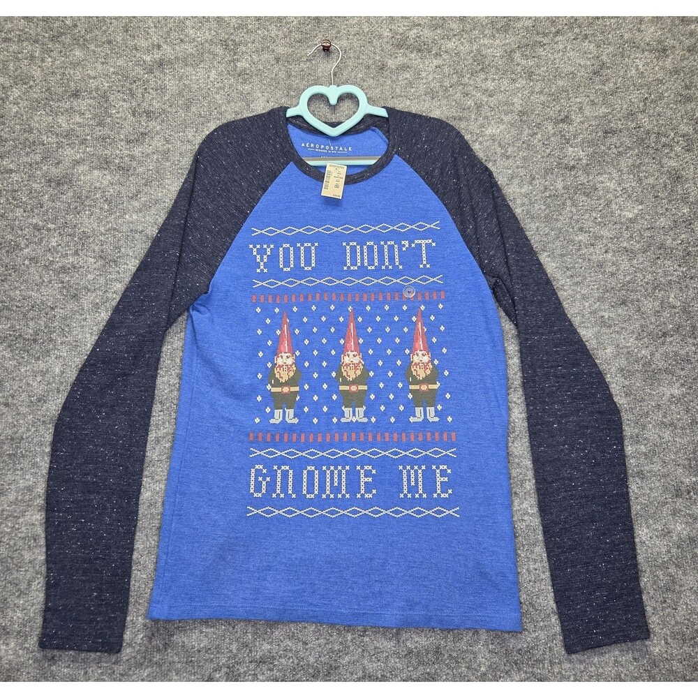 Aeropostale Shirt Mens Medium Blue Gnome Christmas Raglan Long Sleeve Graphic